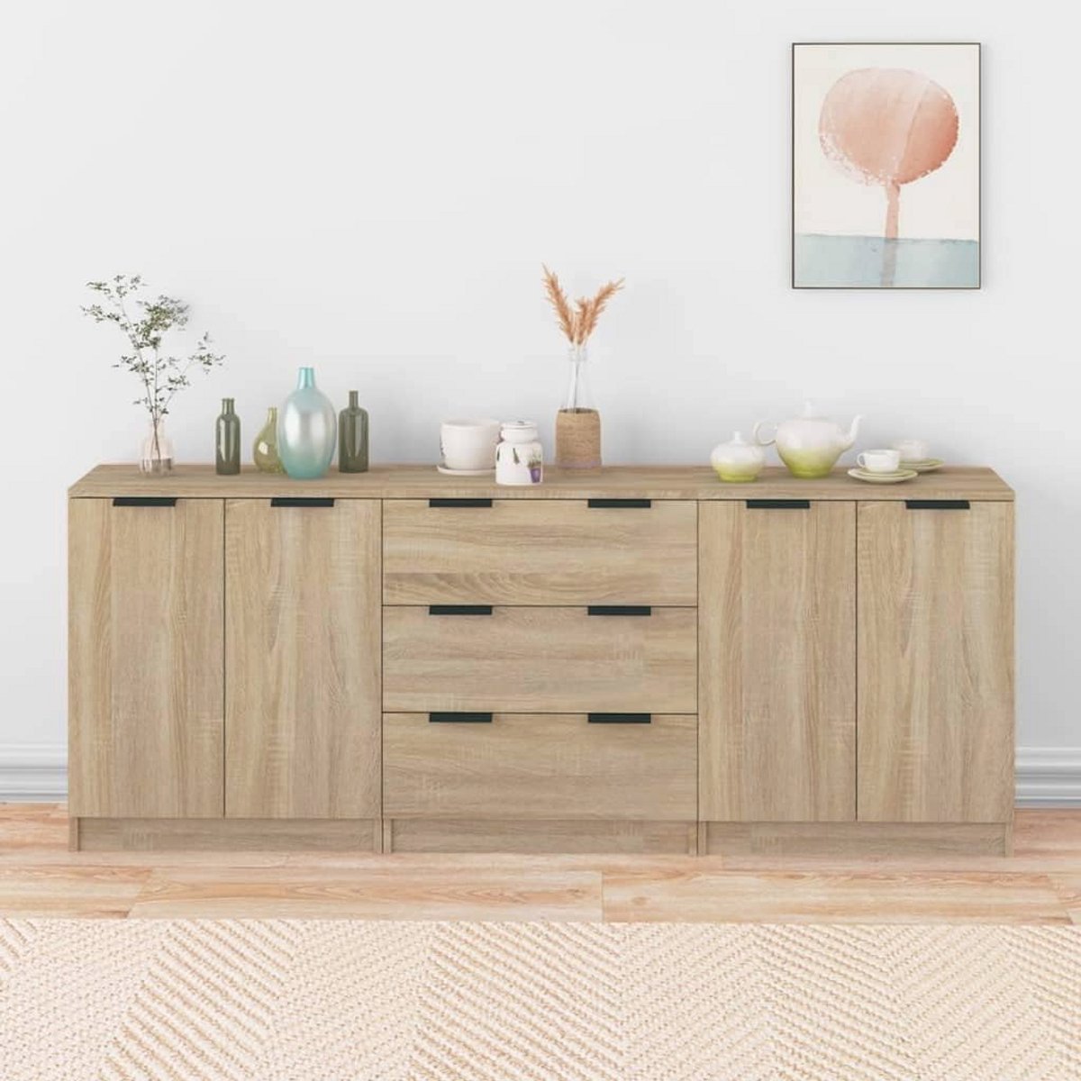 3-Delige Ladeblokken in Sonoma Eikenhout - Multifunctionele Opbergkasten voor Woonkamer, Eetkamer, Gang en Keuken (9101037090420)