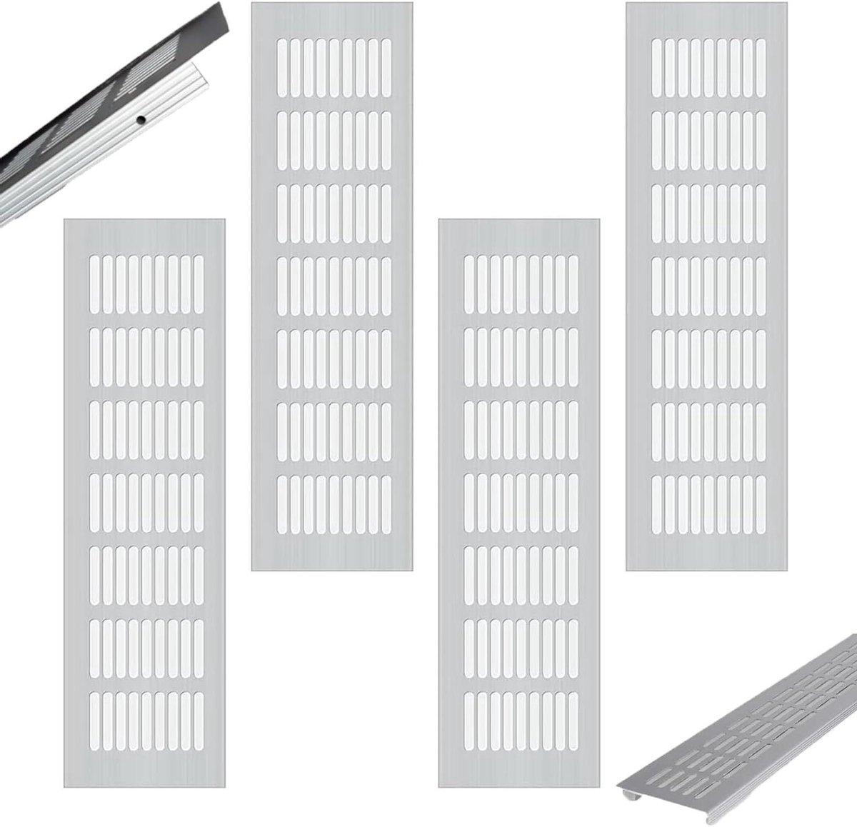 Allecta - Ventilatieroosters voor schoenenkast, badkamer en keuken - Set van 4 - Aluminium - Rechthoekige ventilatiegrillen (8785352680217)
