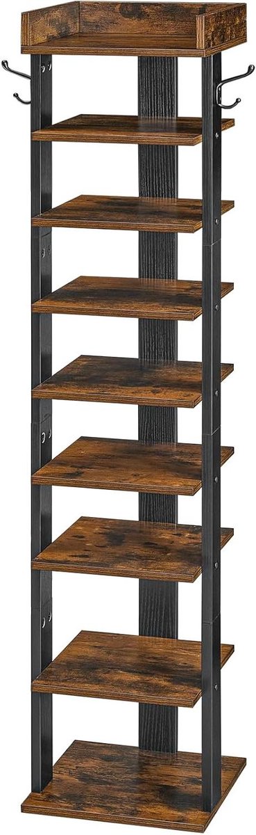 Allecta - Verticaal Schoenenrek 9-Laags, Smalle Schoenenkast met Omheining en Haken, Ruimtebesparend voor Hal Woonkamer Slaapkamer Donkerbruin-Zwart (8785352484471)