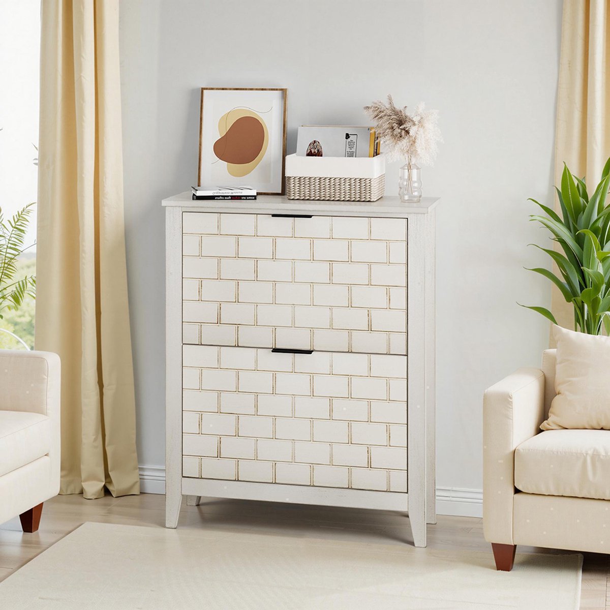 BLACKCOLORS 80 cm Vintage schoenenkast in wit, vrijstaande vintage schoenenkast uit het midden van de eeuw, schoenenkast met 2 scharnierende lades, geschikt voor de gang en de hal, traphoek (7405214721681)