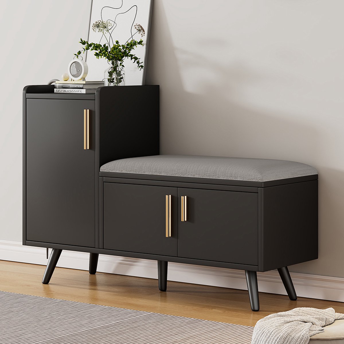 BLACKCOLORS Moderne bank met opbergruimte voor schoenen, met drie deuren, asymmetrische metalen handgrepen en meerdere opbergniveaus - Afmetingen: L100/D34/H69 cm (6085287214887)