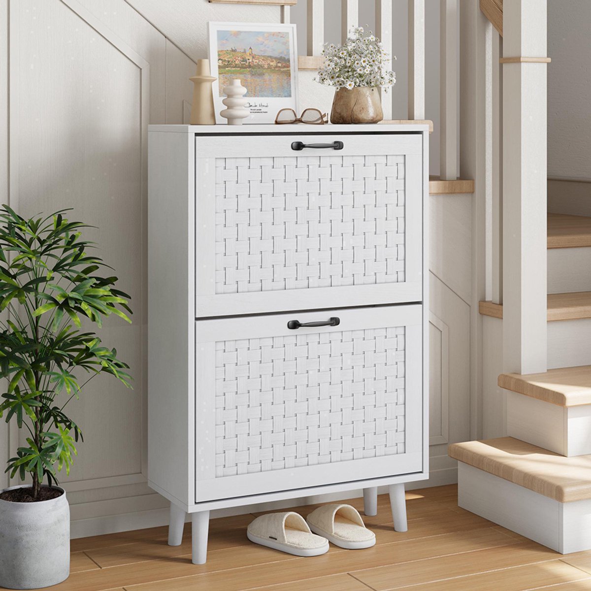 BLACKCOLORS Schoenenkast met handgemaakte rotan lades, vrijstaande schoenenkast met massief houten poten, smalle schoenenkast voor de hal en eenvoudige, slanke schoenenkast (7405214721612)