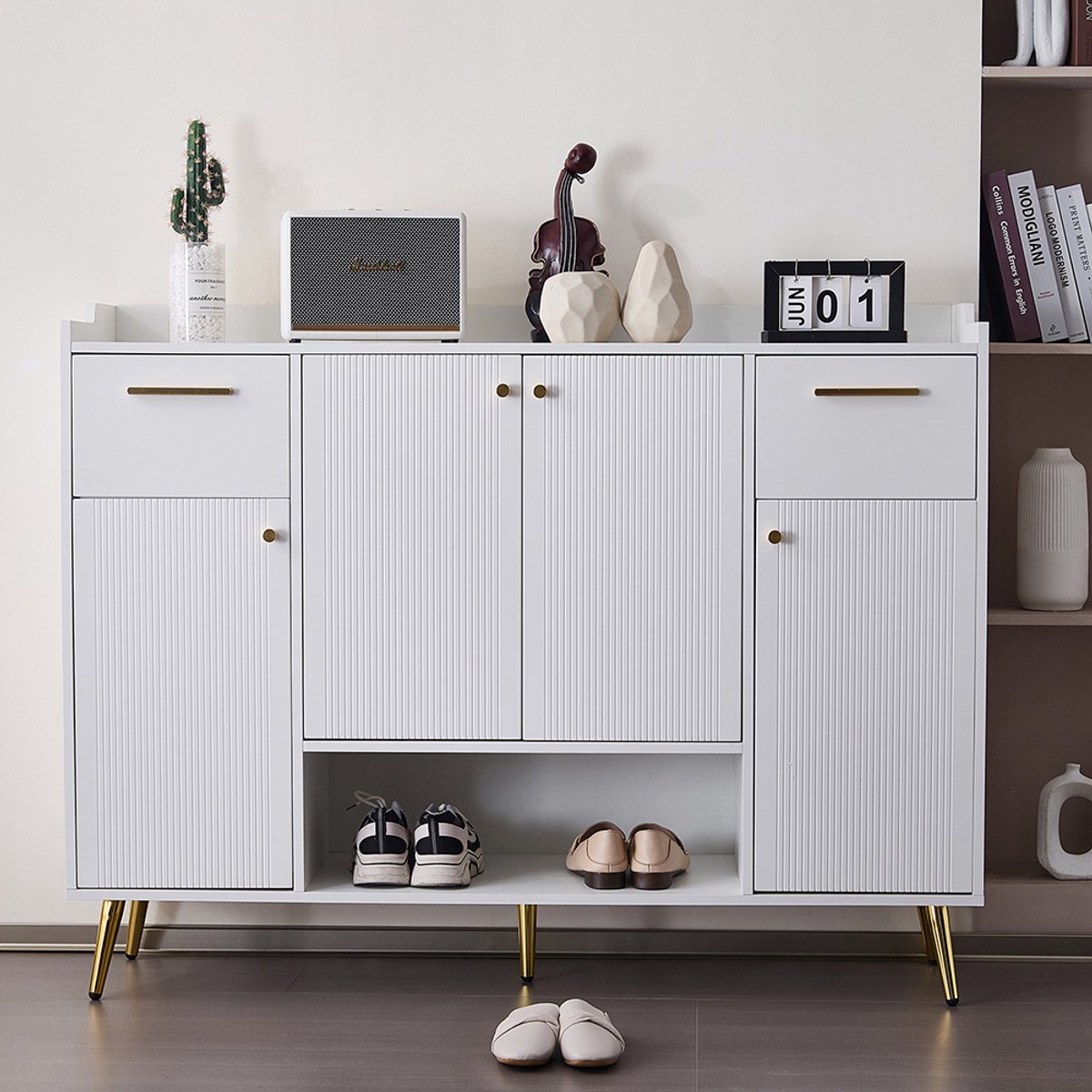 BLACKCOLORS Schoenenkast, schoenenrek met 2 lades en 4 deuren, metalen poten, afmetingen: L130/P37/H100, wit (6085287215037)