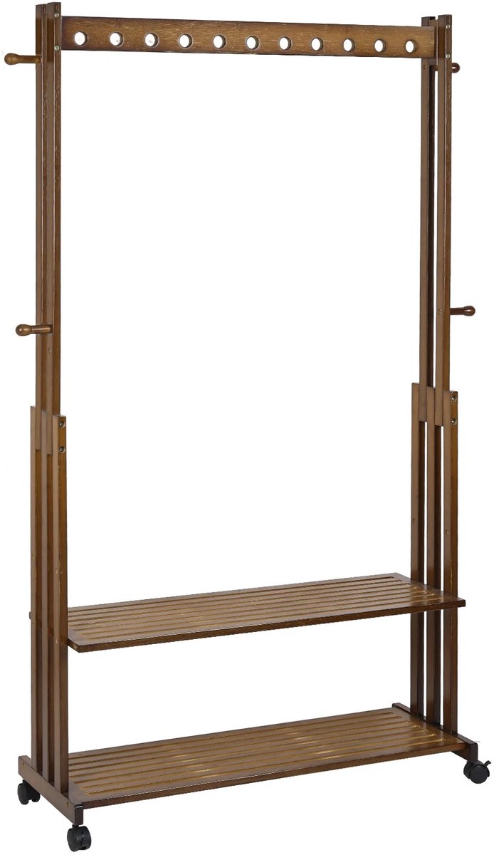 Bamboe Kledingrek - Kledingstandaard - Met-Wielen-Plank-Coatstand - Schoenenrek - Hout - Walnootkleur (8721297998314)