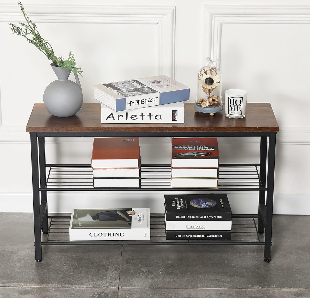 Bank Schoenenrek met 3 Planken Opslag voor Schoenen voor Ingang Hal Metalen Frame Industrieel Ontwerp Vintage Bruin/Zwart -GAT (4801288638918)