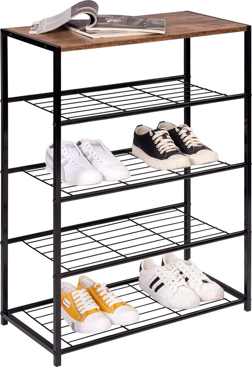 Bealive® Schoenenrek - Schoenen kast - Opberg kast voor schoenen - Duurzaam zwart staal met hout - Zwart - 63 x 30 x 83 cm (6152817478450)