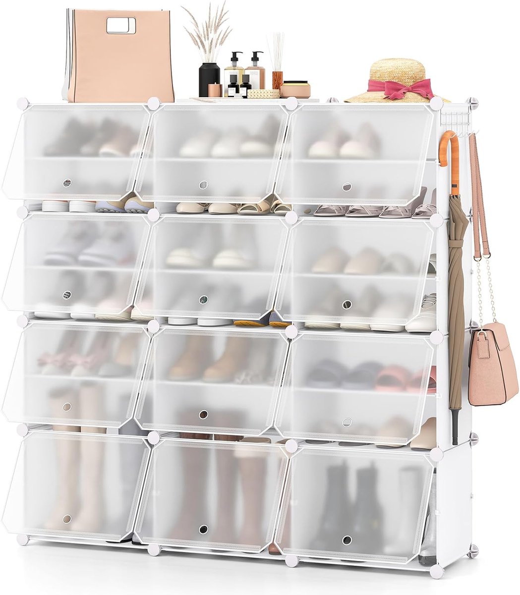 COSTWAY Schoenenrek met 12 vakken, schoenenkast van kunststof voor 48 paar schoenen en laarzen, doe-het-zelf schoenenorganizer met zijhaken, schoenenstandaard voor ingang, hal (wit) (0015706679580)