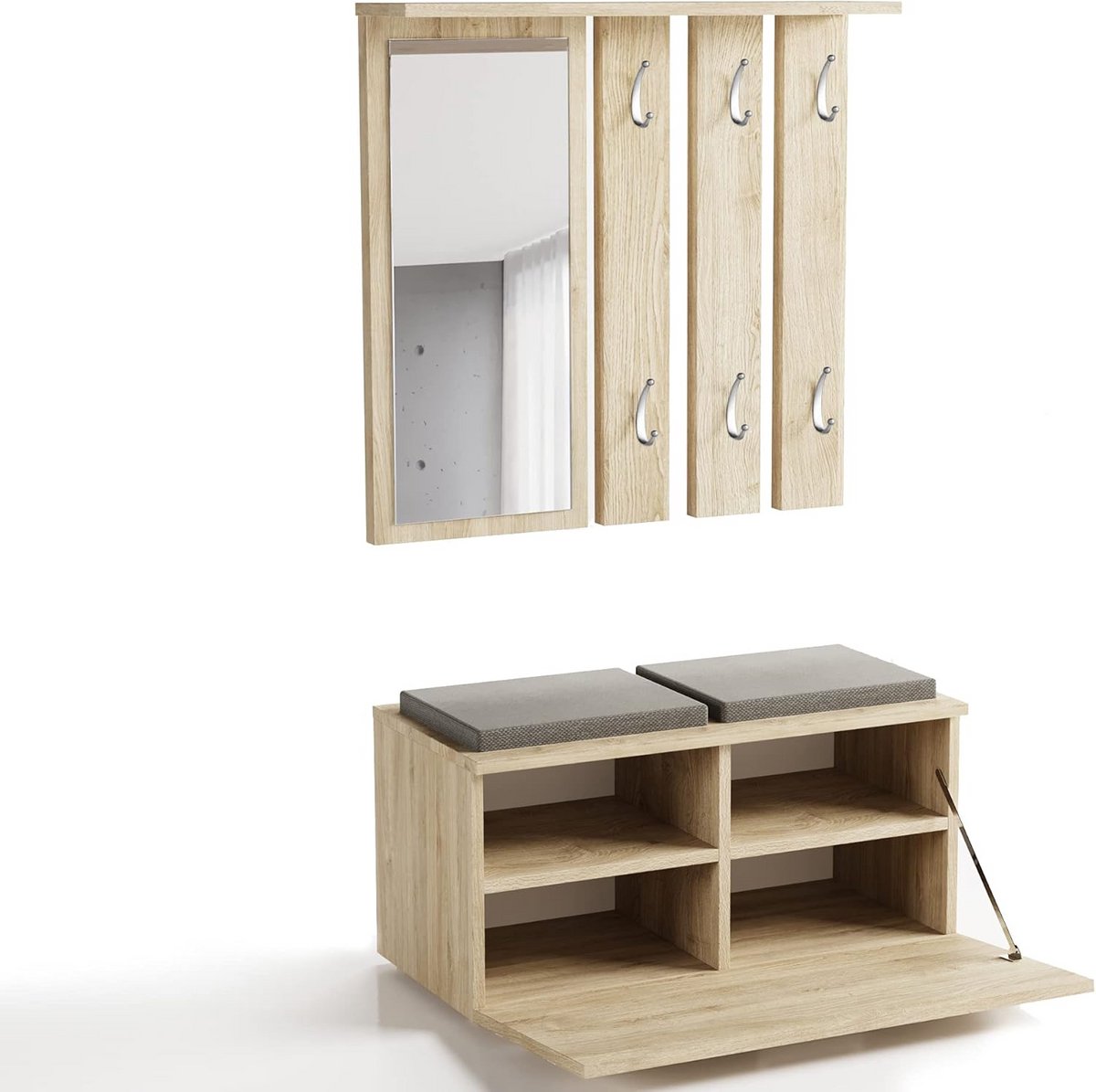 Complete Halmeubelset met Kledingkast, Spiegel en Schoenopberger - Sonoma Eiken Look (9101049990077)