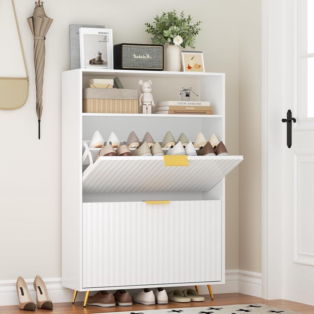 Cosensi - Schoenenkast wit met 2 kleppen, smal schoenenrek voor entree/hal 75 x 24 x 116 cm (8721498015766)