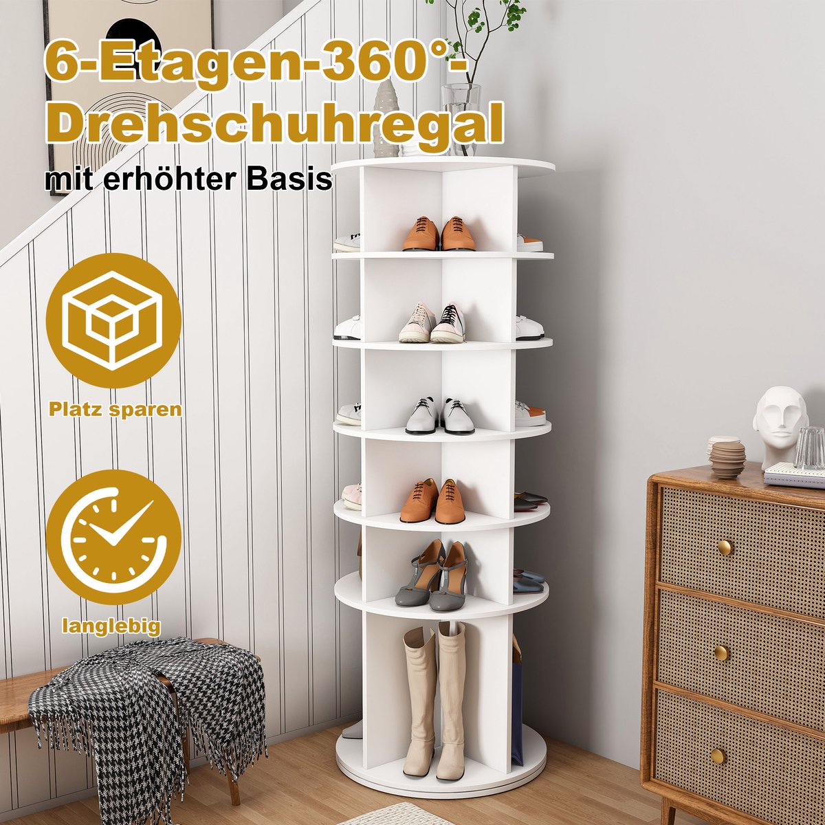 Draaibaar schoenenrek met 6 planken en 360° rotatiefunctie voor 24 paar schoenen, extra hoge plank voor laarzen, wit, 60x60x161 cm (8684463988581)