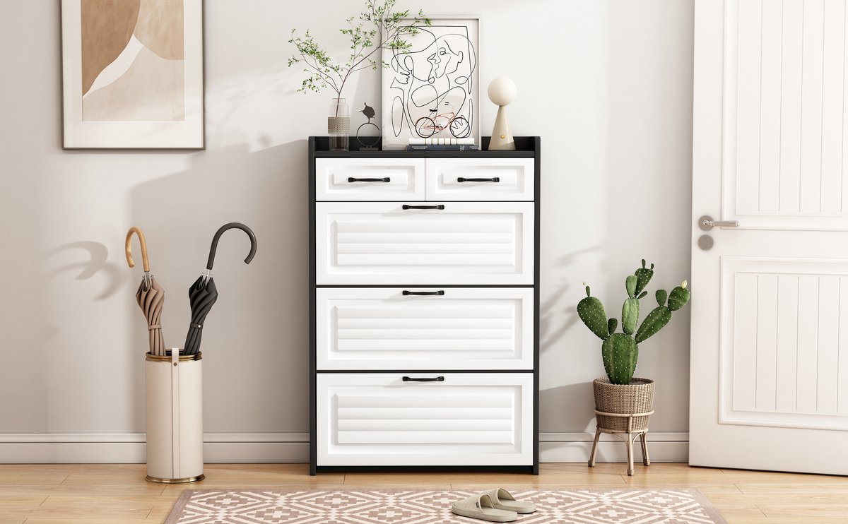 Draaibare Schoenenkast met 3 Rekken, Schoenenmeubel met 2 Laden, Opbergmeubel voor 30+ Schoenen, Wit Modern Design, B80x D23.5x H131 cm (4859896322262)