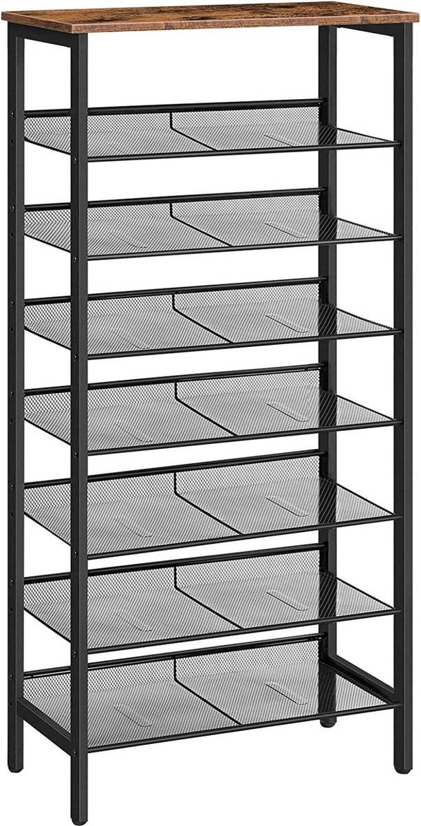 Eiffel Schoenenrek - hoog schoenenkast - groot - smal schoenenrek - met platte en kantelbare gaasplanken - metaal - voor 16-24 paar schoenen - bruin/zwart - 60 x 30 x 137 cm (8720849721295)