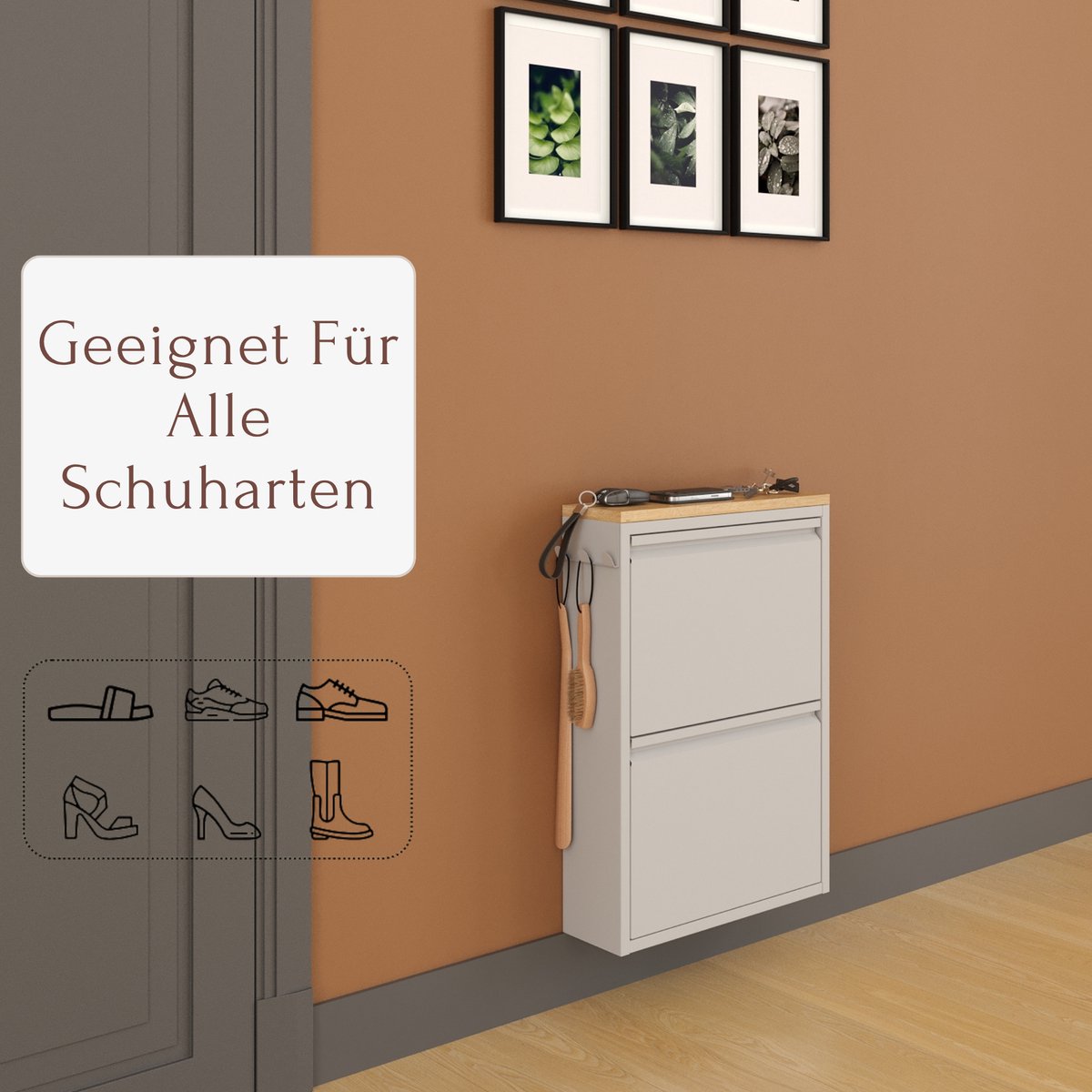 Furni24 Schoenenkast met accessoires, Grijs, 2 deuren, 50 x 15 x 70,5 cm, saffier eiken decor (8684032205217)