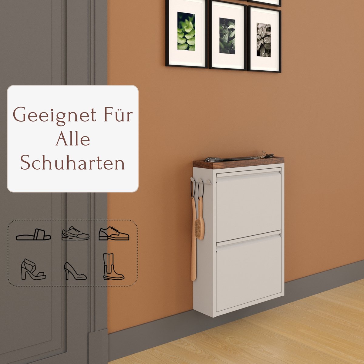 Furni24 Schoenenkast met accessoires, grijs, 2 deuren, 50 x 15 x 70,5 cm, donker beukendecor (8684032205224)