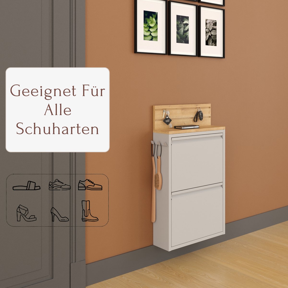 Furni24 Schoenenkast met accessoires, grijs, 2 deuren, 50 x 15 x 70,5 cm, sleutelhouder (8684032205231)