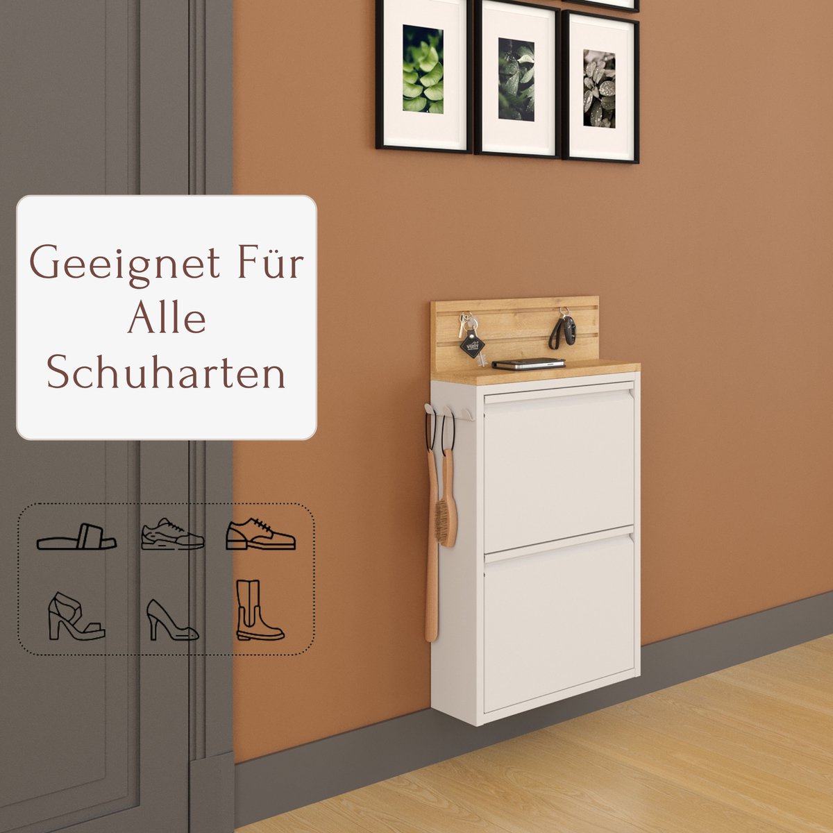 Furni24 Schoenenkast met accessoires, wit, 2 deuren 50x15x70,5 cm, met bovenpaneel en sleutelhouder (8684032205156)