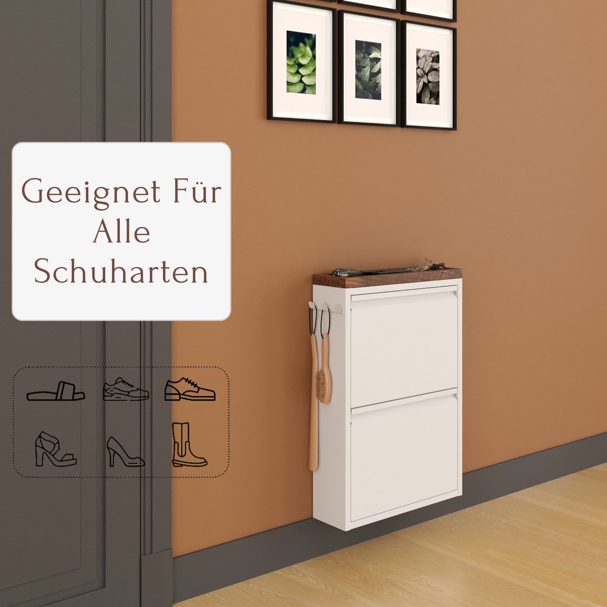 Furni24 Schoenenkast met accessoires, wit, 2 deuren 50x15x70,5 cm, met bovenpaneel van donker beukenhout (8684032205149)