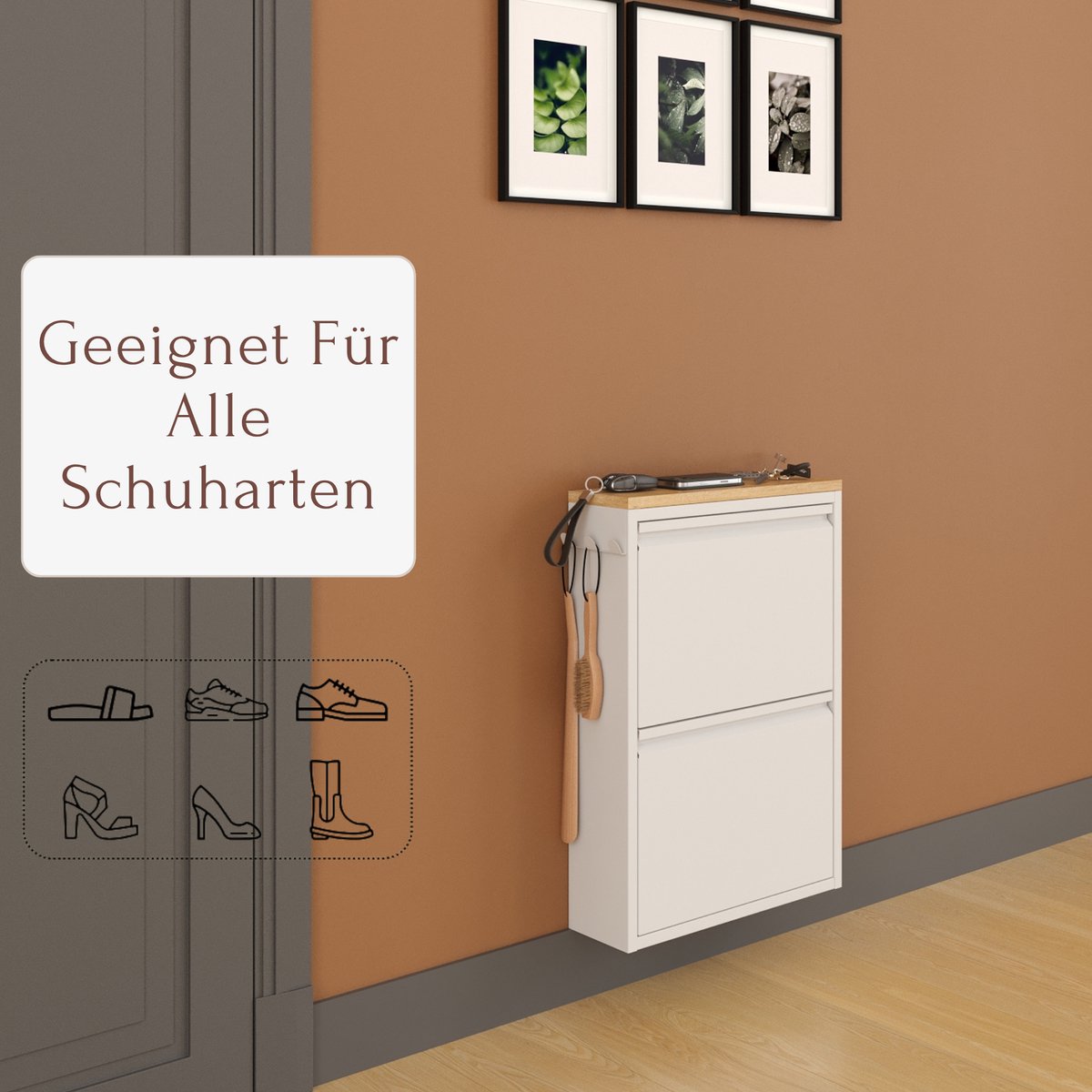 Furni24 Shoe closet, metaal 50 x 15 x 70,5 cm, wit RAL 9003, bovenpaneel saffier eiken (8684032205132)