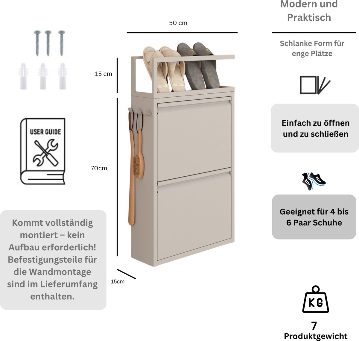 Furni24 schoenenkast met accessoires, grijs, 2 deuren, 50 x 15 x 70,5 cm, pantoffelrek (8684032205248)