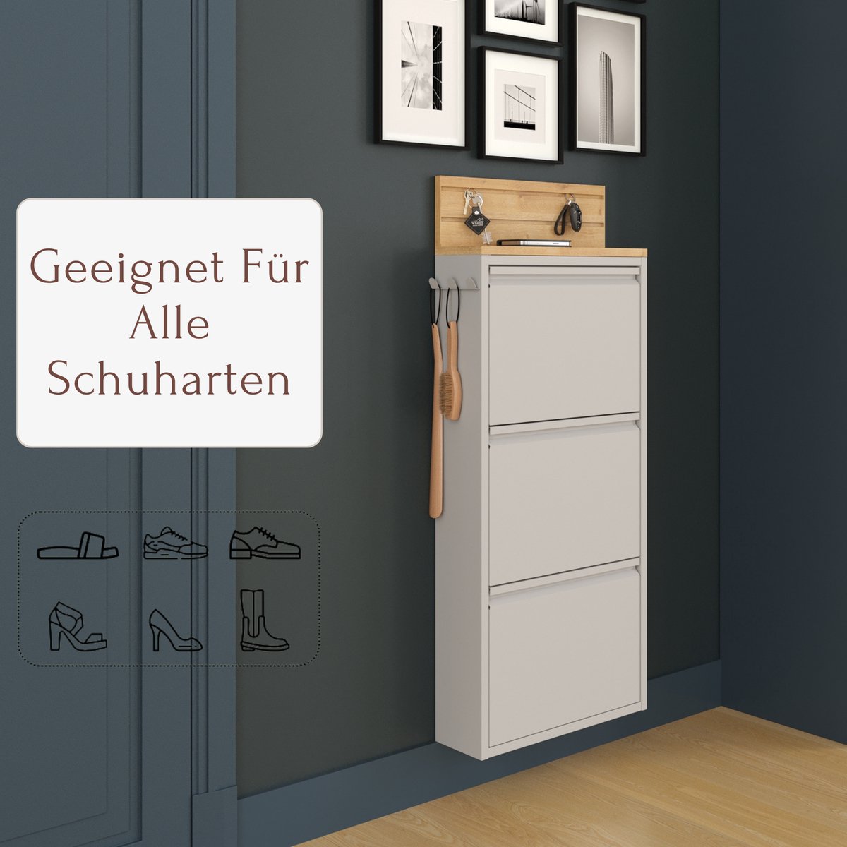 Furni24 schoenenkast met accessoires, grijs, 3 deuren, 50 x 15 x 103,5 cm, incl. sleutelhaak (8684032205354)