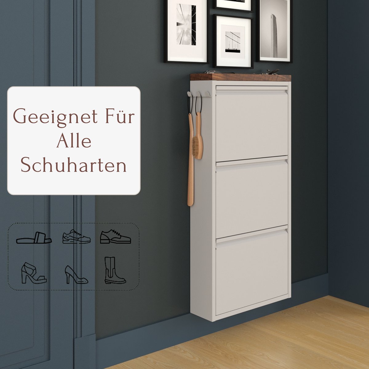 Furni24 schoenenkast met accessoires, grijs, 3 deuren, 50 x 15 x 103,5 cm, inclusief afdekpaneel met donker beuken decor (8684032205347)