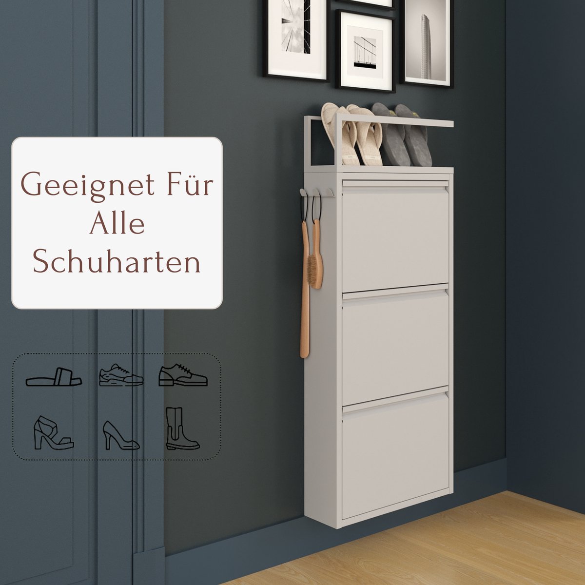 Furni24 schoenenkast met accessoires, grijs, 3 deuren, 50 x 15 x 103,5 cm, inclusief pantoffelrek (8684032205361)