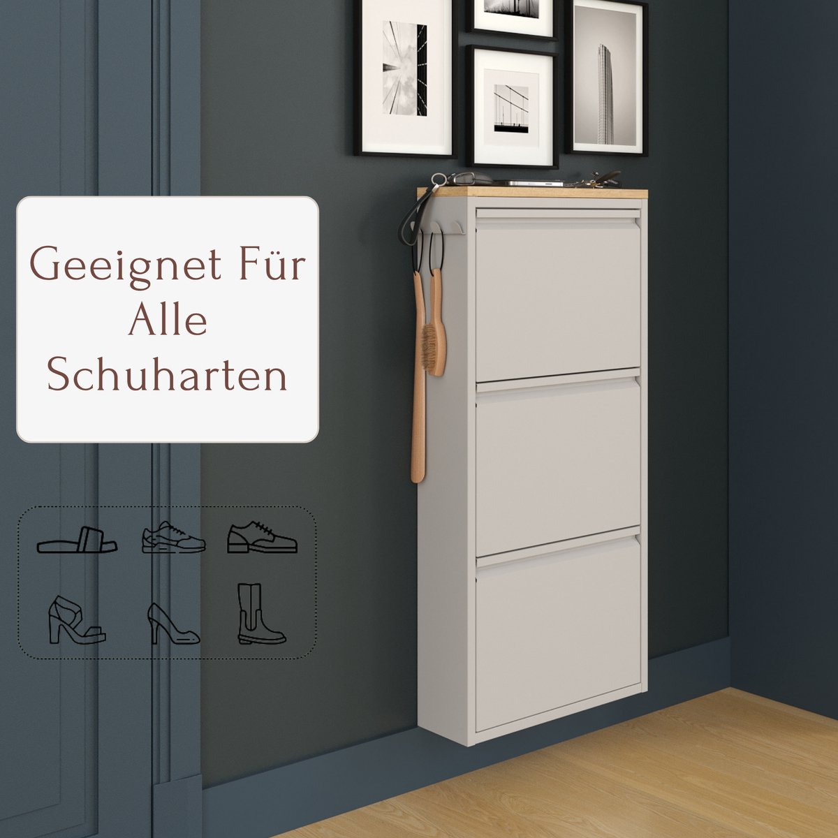 Furni24 schoenenkast met accessoires, grijs, 3 deuren, 50 x 15 x 103,5 cm, saffier eiken decor (8684032205330)