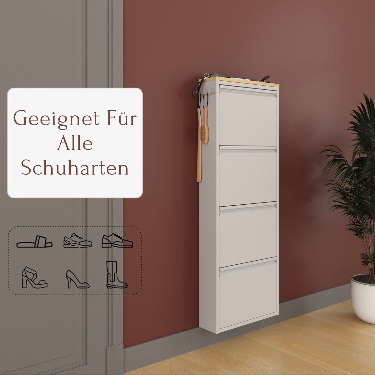 Furni24 schoenenkast met accessoires, grijs, 4 deuren, 50 x 15 x 136 cm, Inclusief afdekpaneel in saffier eiken decor (8684032205453)