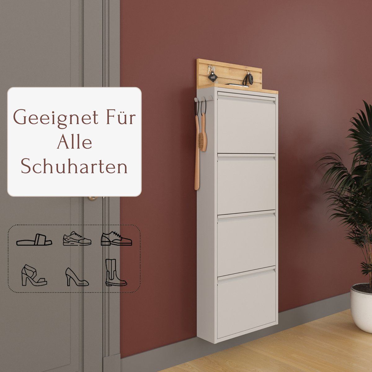Furni24 schoenenkast met accessoires, grijs, 4 deuren, 50 x 15 x 136 cm, Inclusief sleutelhaak (8684032205477)