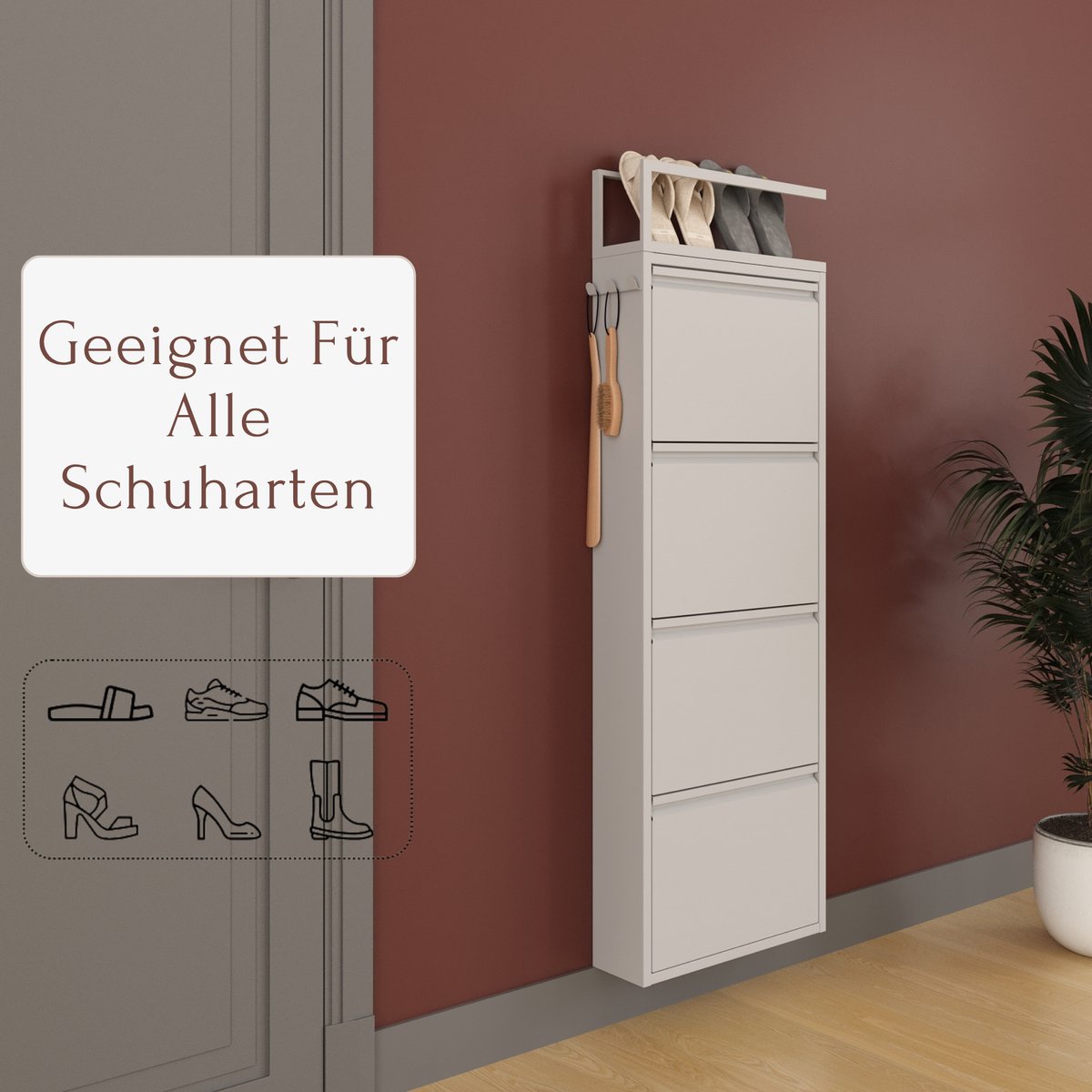 Furni24 schoenenkast met accessoires, grijs, 4 deuren, 50 x 15 x 136 cm, inclusief pantoffelrek (8684032205484)