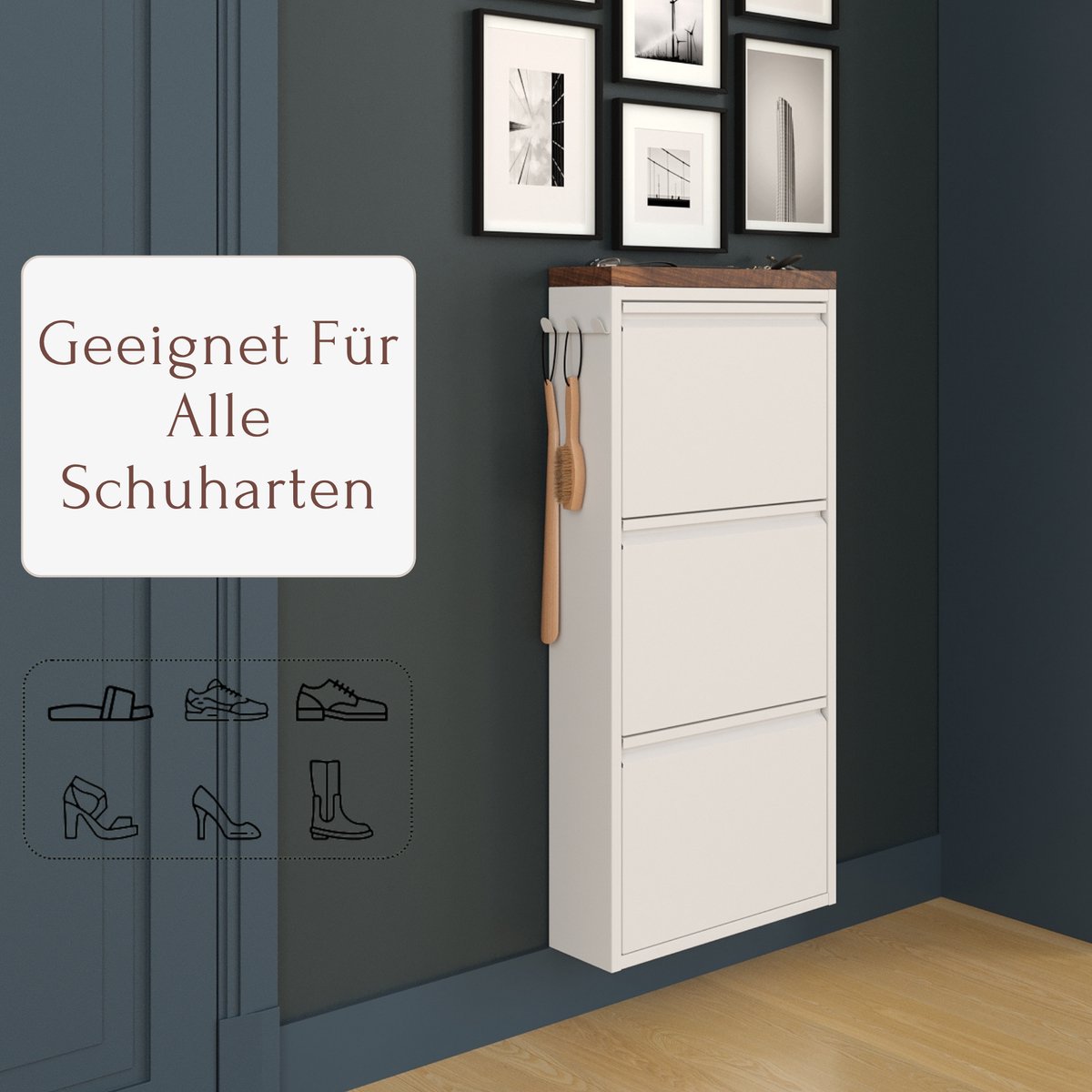Furni24 schoenenkast met accessoires, wit, 3 deuren, 50 x 15 x 103,5 cm, donker beukenhouten afwerking (8684032205262)