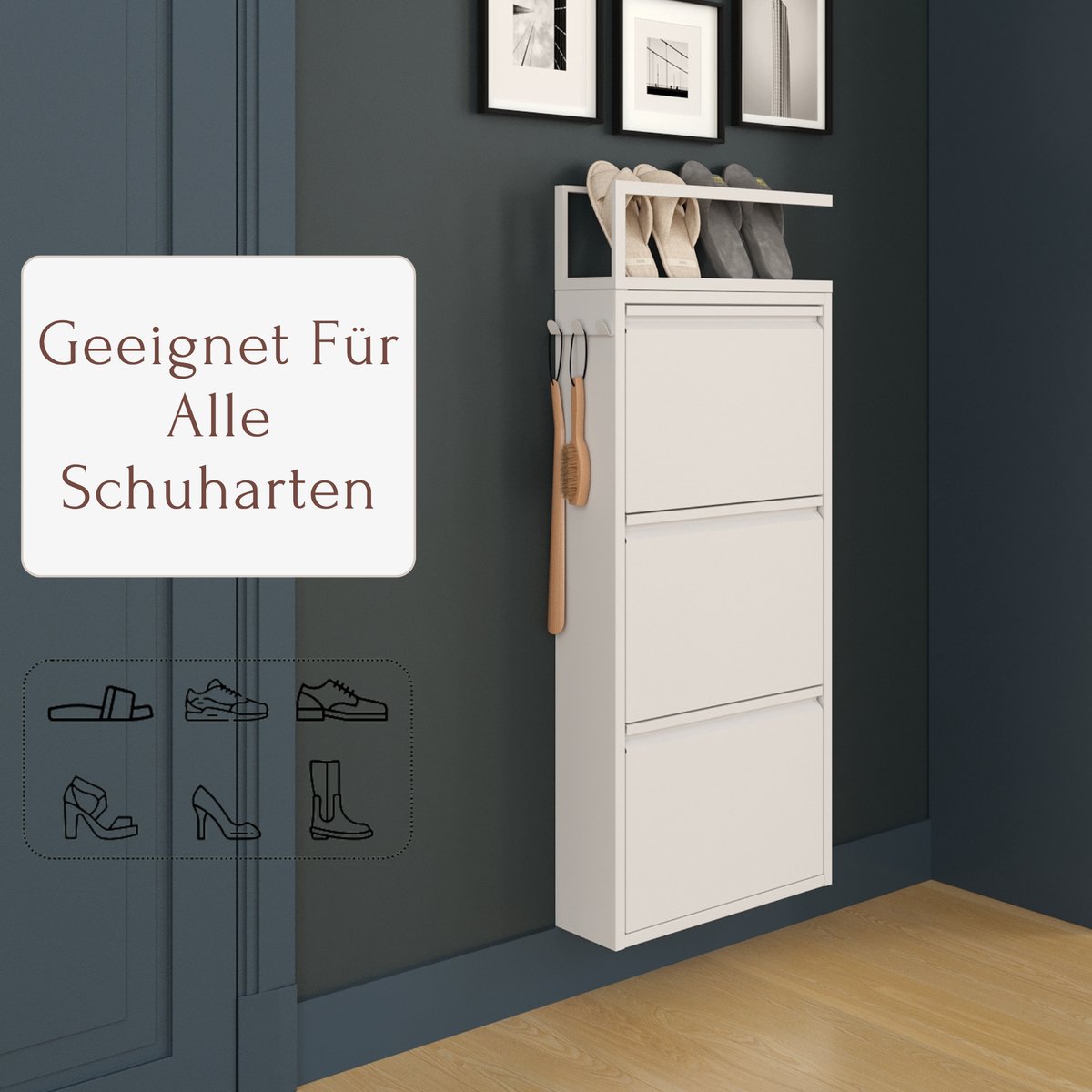 Furni24 schoenenkast met accessoires, wit, 3 deuren, 50 x 15 x 103,5 cm, pantoffelrek (8684032205286)