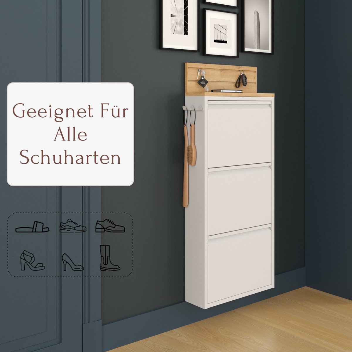 Furni24 schoenenkast met accessoires, wit, 3 deuren, 50 x 15 x 103,5 cm, sleutelhaak (8684032205279)