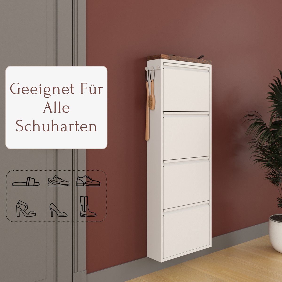 Furni24 schoenenkast met accessoires, wit, 4 deuren, 50 x 15 x 136 cm, inclusief afdekpaneel met donker beukendecor (8684032205385)