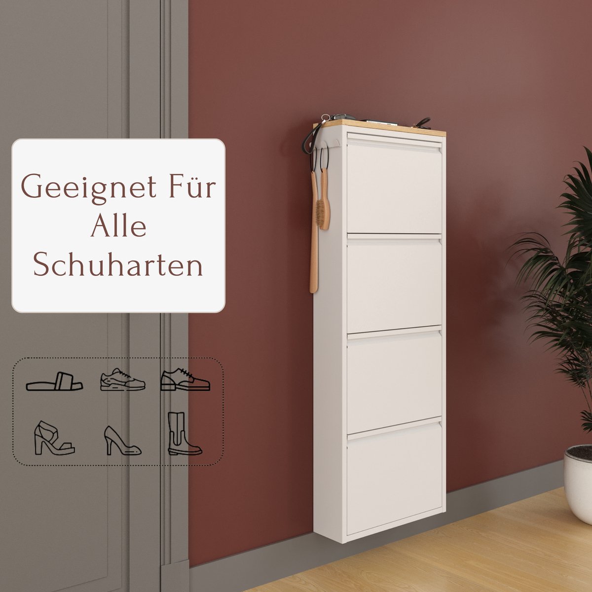Furni24 schoenenkast met accessoires, wit, 4 deuren, 50 x 15 x 136 cm, inclusief afdekplaat in afwerking saffier eiken (8684032205378)