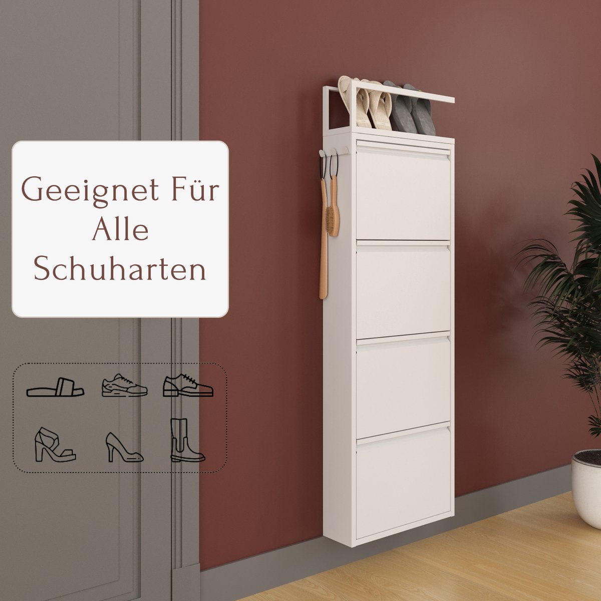 Furni24 schoenenkast met accessoires, wit, 4 deuren, 50 x 15 x 136 cm, inclusief pantoffelrek (8684032205408)