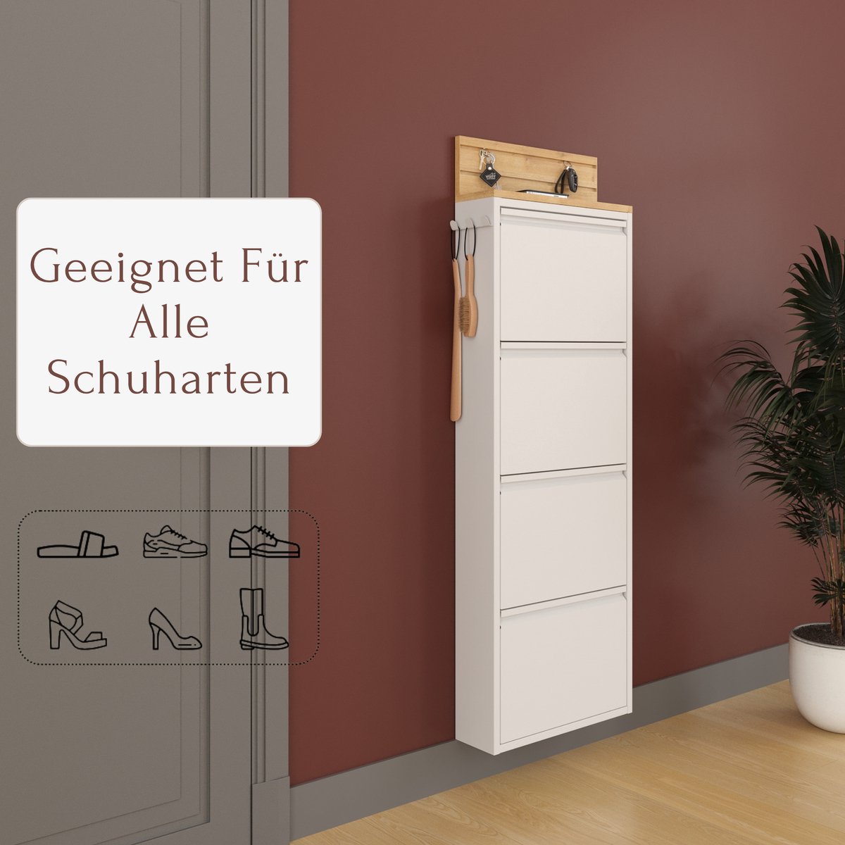 Furni24 schoenenkast met accessoires, wit, 4 deuren, 50 x 15 x 136 cm, inclusief sleutelrek (8684032205392)