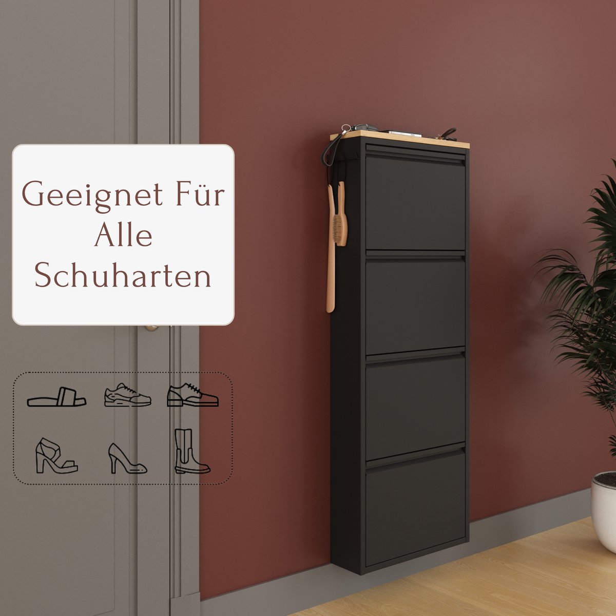 Furni24 schoenenkast met accessoires, zwart, 4 deuren, 50 x 15 x 136 cm, inclusief afdekpaneel in saffier eiken decor (8684032205415)