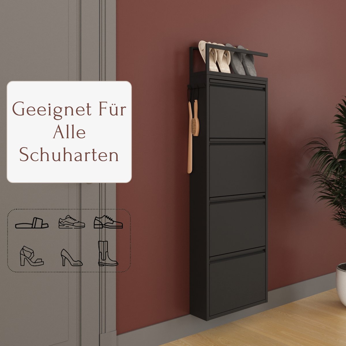 Furni24 schoenenkast met accessoires, zwart, 4 deuren, 50 x 15 x 136 cm, inclusief pantoffelrek (8684032205446)