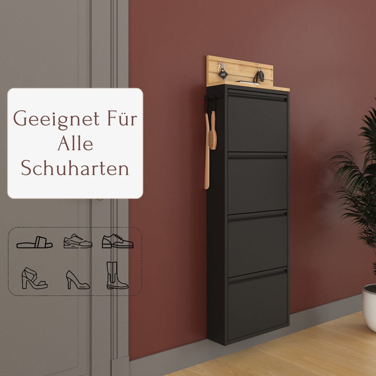 Furni24 schoenenkast met accessoires, zwart, 4 deuren, 50 x 15 x 136 cm, inclusief sleutelhaak (8684032205439)