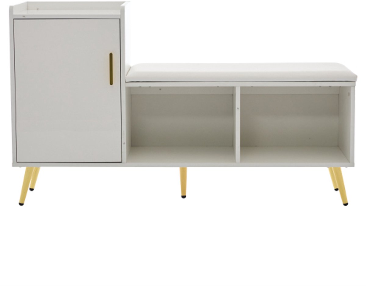 Gotagee Witte hoogglans kastdeur met opbergruimte. Entree schoenenkast, meerlaagse opbergruimte met gestoffeerde zitting, schoenenwisselbank met kast voor entree, hal, woonkamer, slaapkamer, garderobe (4255839438654)