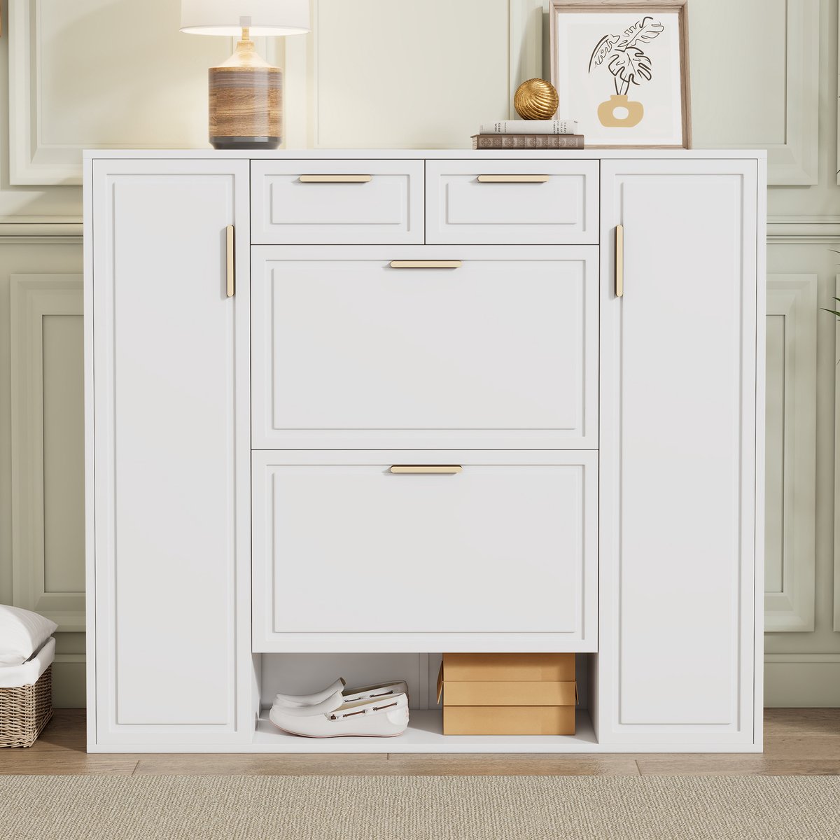 Gutent Schoenenkast-Met Verstelbare Planken-Gouden Handgrepen-2 Laden-Vouwschoenenkast-2 Deuren-Wit-W120/D24/H107 CM (7431276193463)