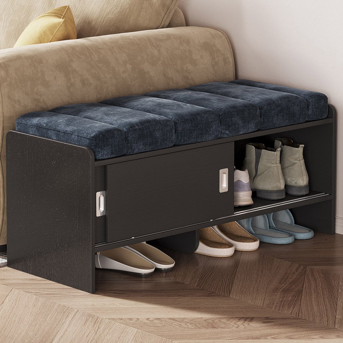 Guyii Halmeubel - Luxe Schoenenbank met Opbergruimte - Blauw Fluweel - 110 cm - Comfortabele Zitbank met Kussens en Schuifdeur - Schoenenkast voor Hal of Slaapkamer,bedbank (7841933776135)