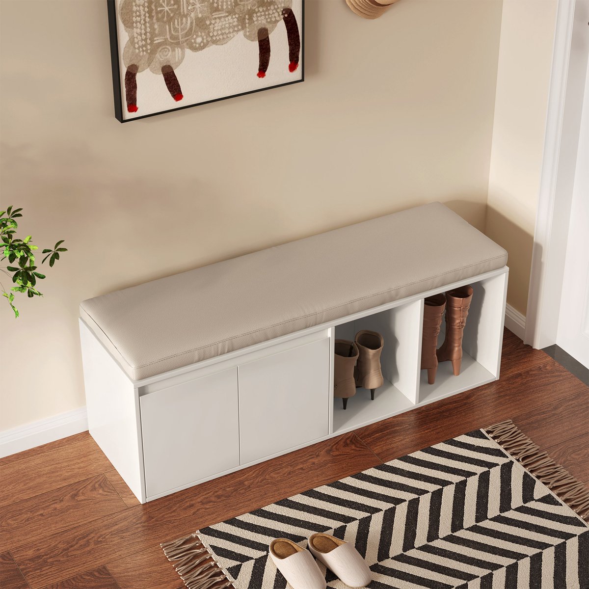 Guyii Schoenenbank - Schoenenbank met opbergruimte en zitkussen - Opbergbank voor hal of gang - 120 cm, wit Praktische schoenenbank - Moderne Poefs (7506576615196)