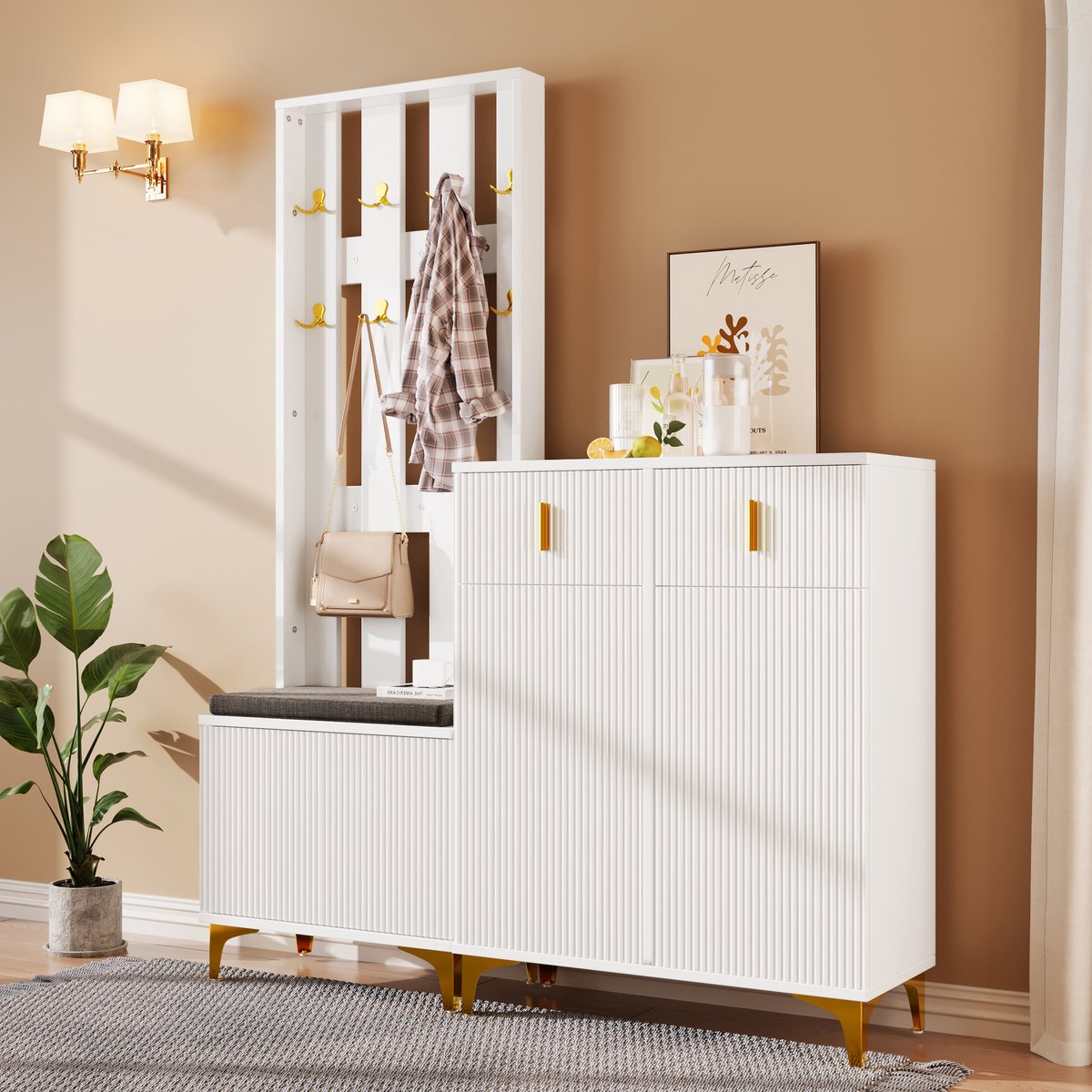 HAUSS SPOLE Kledingkast 60.5×35.2×180.5 cm + 83×35×101 cm - Schoenenkast Met Zitbank En Garderoberek - Met Haken En Lades - Voor Entree - Spaanplaat - Wit (9331813048998)