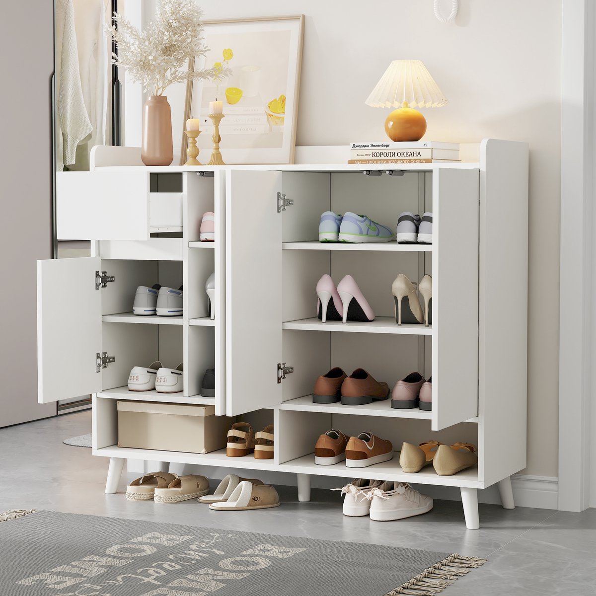 HAUSS SPOLE Schoenenkast - Schoenenkast Met 4 Deuren En 1 Schublade - Verstelbare Plank Voor Gang Of Hal - 120x35x99 cm - Spaanplaat - Wit (9331813065254)