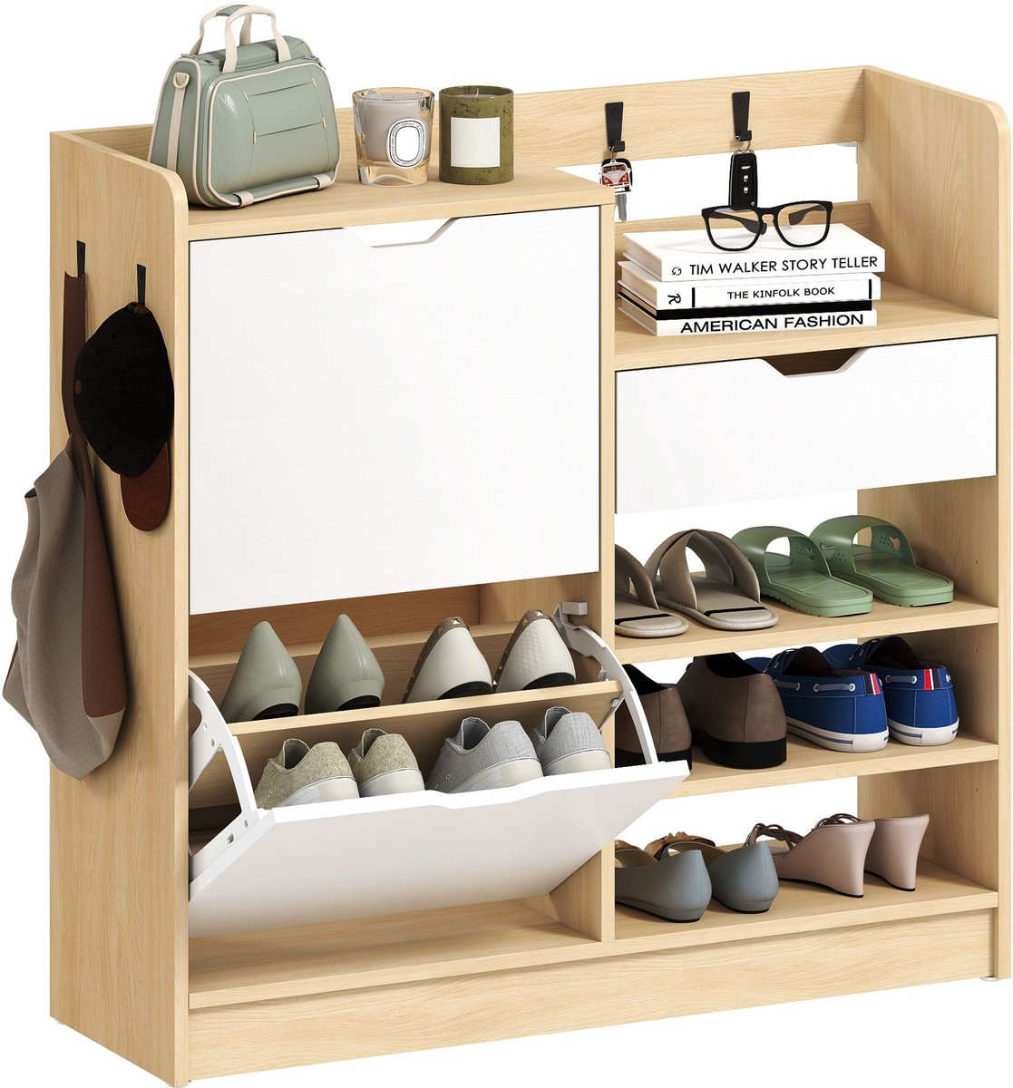 HOMCOM Flip-down Shoe Cabinet Spanplatte 93L x 30B x 90H cm Naturholz (4255826851626)