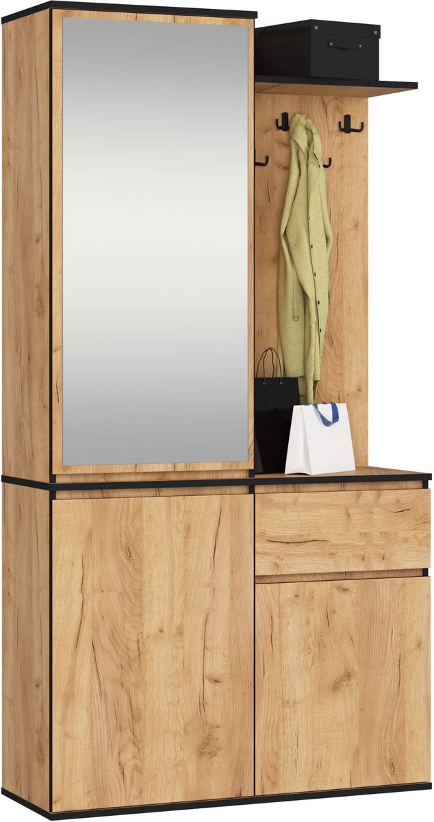 Hal set met spiegel ENTRO / Halmeubel met 3 Deuren en 1 Lade / Hal Kast / Kapstok en Schoenenkast / Craft Eik / 95 x 183 x 35 cm (5901738162563)