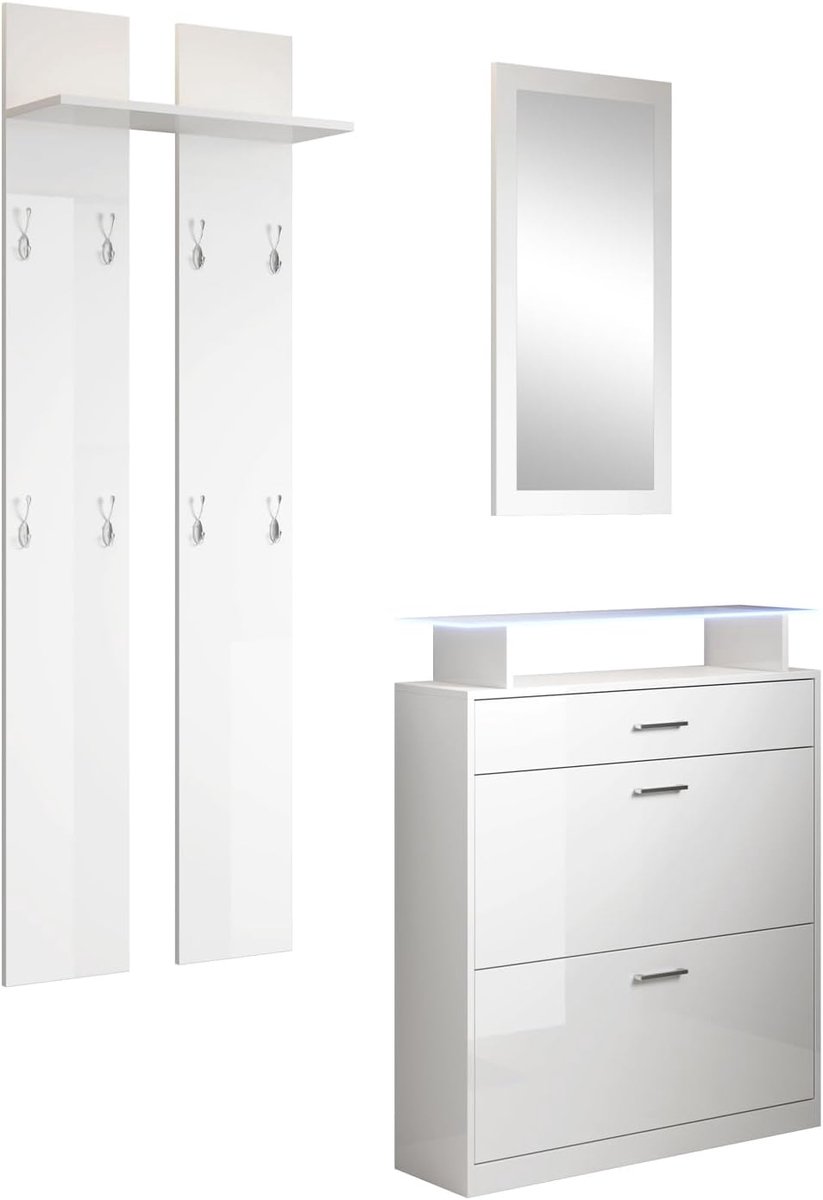 Halmeubelset met Schoenenkast, Spiegel en Kapstok met LED Verlichting in Wit (8721316497392)