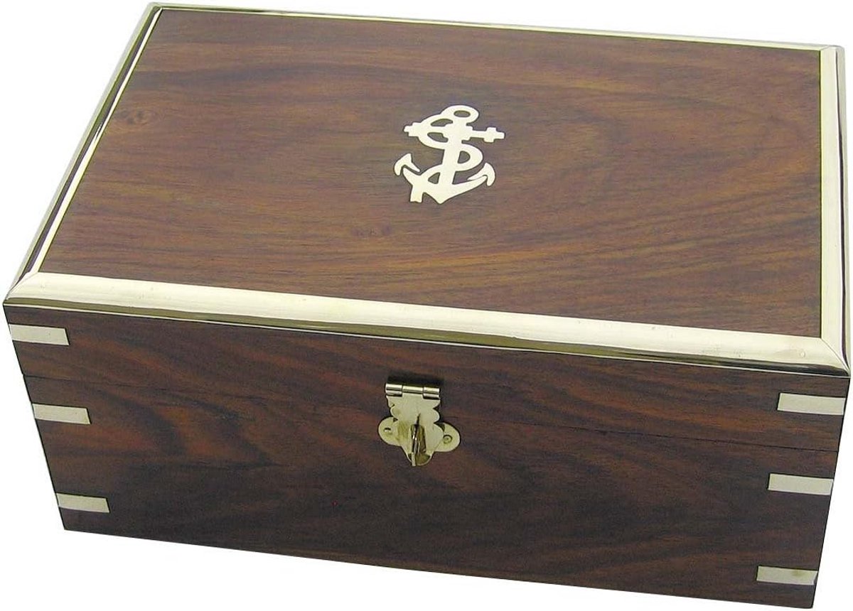 Houten Schatkist met Messing Details - Decoratieve Opbergkist Nautisch Thema (9101027306517)